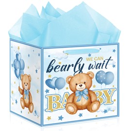 12" Extra Large Blue Bear Baby Shower Birthday Gift Bag for Baby Boys We Can Bearly Wait Bag with Wrapping Paper Teddy Bear Gift Bag for Baby Shower Birthday Party Supplies