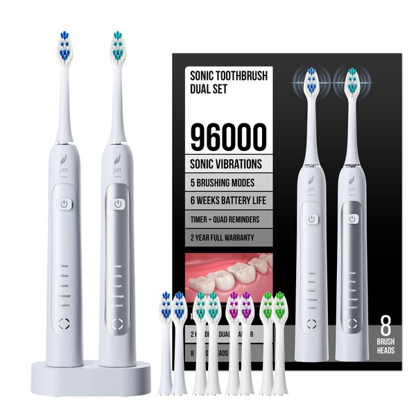 Acteh Sonic Electric Toothbrush Dual Set 5 Modes Smart Timer Long Lasting Battery 2-Toothbrush Handle Set (White)