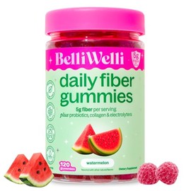 Belli Welli Fiber 4-in-1 Fiber Gummies Supplement with Added Probiotics, Collagen and Electrolytes for Regularity and Bloat Relief, Watermelon, 120 Co