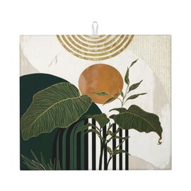 Yamxbfa Dish Drying Mats Mid Century Abstract Sun Boho Green Leaf Arch Stripe Kitchen Draining Mat Non slip hangable Cutlery Drying Mats for Kitchen Counter Coffee Bar Dinning Room Decor 16"x18"