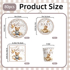 80PCS Bear Baby Shower Decorations Brown Bear Plates Napkins cups Set We Can Bearly Wait Baby Shower Supplies, Serves 20