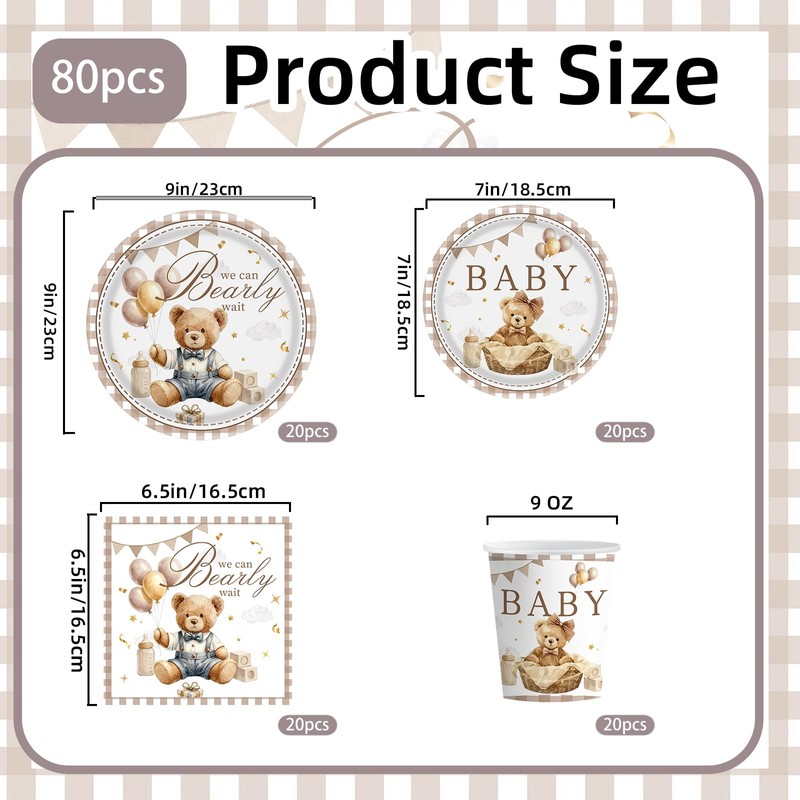 80PCS Bear Baby Shower Decorations Brown Bear Plates Napkins cups