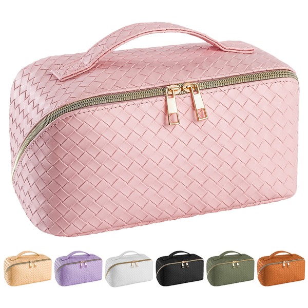 Nhmpretty Large Capacity Travel Cosmetic Bag - Makeup Bag, PU Leather Waterproof Cosmetic Bags, Women Portable Travel Makeup Bag With Handle and Divider Flat Lay make up bag (Pink)