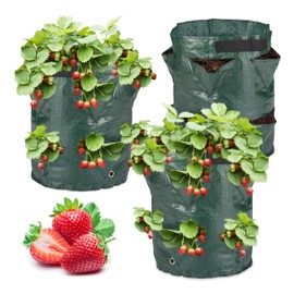 Relaxdays Set of 3 Strawberry Planters with Bottom Holes, 2 Handles, Plastic, H x D: 44 x 33 cm, Dark Green