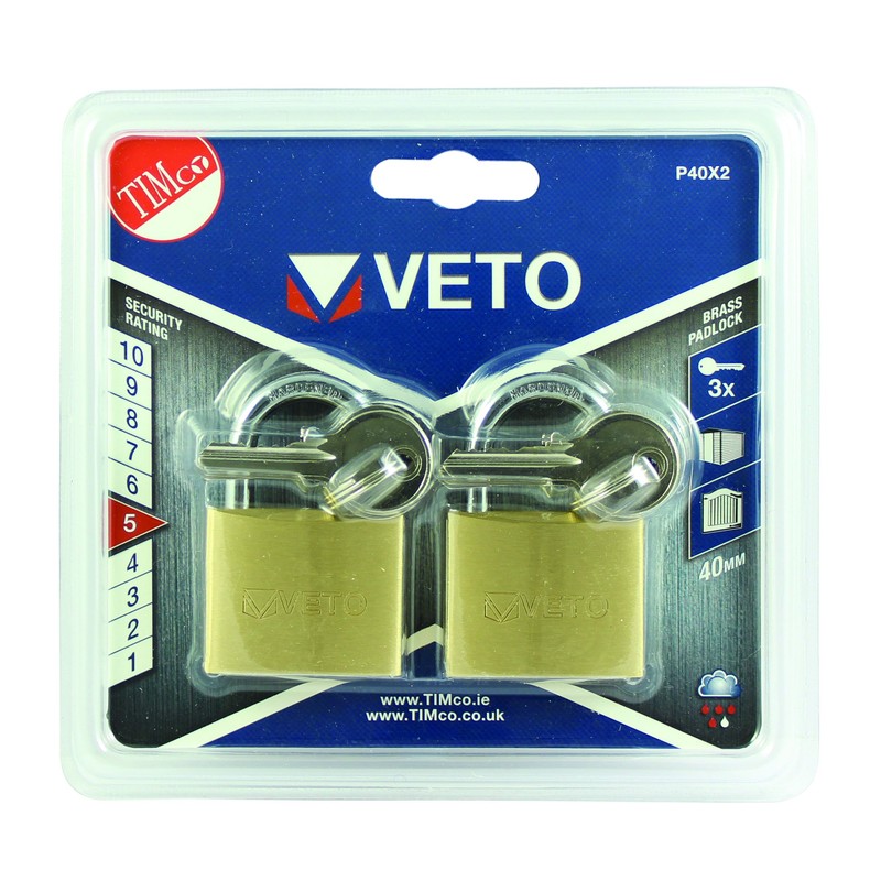 TIMCO P40X2 Brass Padlock-2pcs-Ideal for luggage-cabinets-sheds-gates-40mm, 40mm, Set of 2