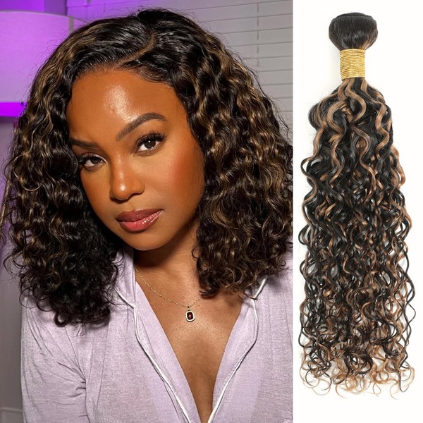 ALHER Water Wave Curly Highlight Bundle Human Hair,#F1B/27 Black and