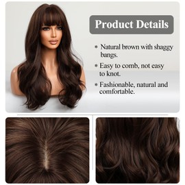HAIRCUBE Long Brown Wig with Bangs Wave Curly Wigs for Women 26 inch Heat Resistant Natural Synthetic Wig for Daily Use