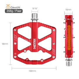 MZYRH Bicycle Pedals with Reflective Strips, Non-Slip MTB Pedals CNC Aluminium Alloy Bicycle Pedals, 3 Sealed Bearings 9/16 Inch Pedals for Mountain Bike, Road Bike, MTB (Red)