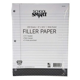 School Smart - 85285 3-Hole Punched Filler Paper w/ Red Margin, 8 x 10-1/2 Inches, Wide Ruled, 200 Sheets