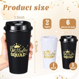 Nuenen 6 Pcs Reusable Birthday Queen and Squad Coffee Cups with Lid 16 oz Plastic Tumblers Bulk for 20th 30th 40th 50th Birthday Christmas Anniversary Party Supplies for Women Adults (White,Black)