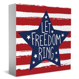 Freedom’s Battle Cry Wooden Box Sign - Bold 'Let Freedom Ring' Statement Star with Handwritten Font Display