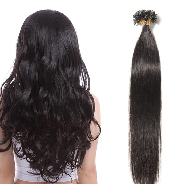 Elailite U-Tip Real Hair Bonding Extensions, Keratin Hair Extensions, Straight, 100 Strands, 50 cm (0.5 g/pcs), #1 Black