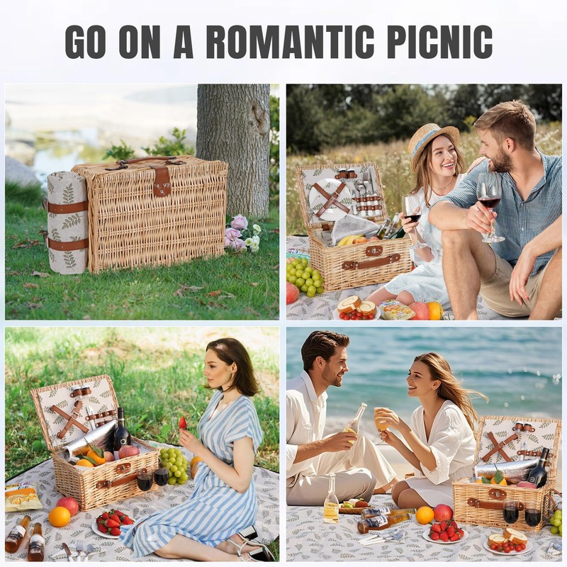 HappyPicnic Picnic Basket Set for 2 - Wicker Picnic Basket