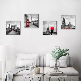 sunfrower City Wall Art Framed Grey Red Black Cityscape Pictures for Living Room Bedroo...