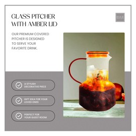 elle decor Glass Pitcher with Amber Lid | 48-Ounce | Durable Borosilicate Glass Water Pitcher with Lid and Spout | Carafe with Handle for Iced Tea, Juice, & Coffee