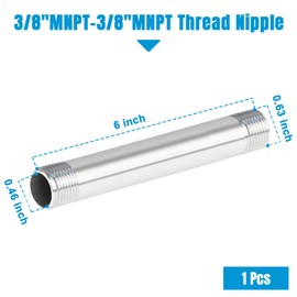 Quickun 304 Stainless Steel Nipple Pipe Fitting, 3/8" NPT x 3/8" NPT Male Malleable Nipple Cast Pipe 6" Length