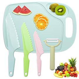 FACATH Kids Knifes Set, Kitchen Knife and Cutting Board Set, Children's Cooking Knives in 3 Sizes & Colors/Firm Grip, Serrated Edges, BPA-Free Kids' KnivesLettuce and Cutting Board Peeler