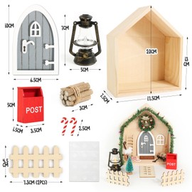 BOFUNX Gnome Door Accessories Christmas Set Wooden Gnome Door Decoration Miniature Christmas Gnome Door with Miniature Christmas Tree Wreath Gnome Footprints Ladder Carpet Fairy Door for Children Gift