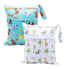 Asenappy 2pcs Cloth Diaper Wet Dry Bags Waterproof Reusable with Two Zippered Pockets Travel Beach Pool Daycare Soiled Baby Items Yoga Gym Bag for Swimsuits or Wet Clothes (3036-2-zoo animals)