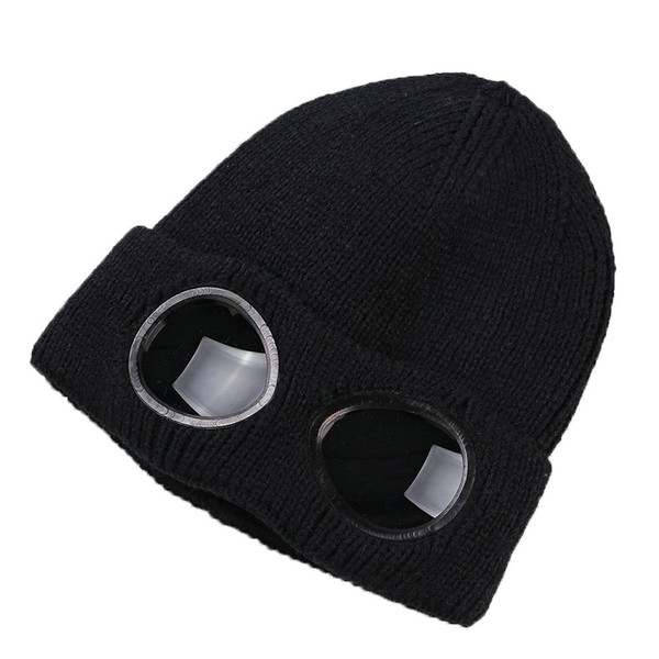MansWill Unisex Wool Knitted Goggles Beanie, Warm Winter Stylish Hat Outdoor Sports Cap, Black, Medium