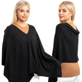 InCashmere 100% Pure Cashmere Poncho Sweater for Women - Lightweight Warm Knitted Shawl Wrap - Fall/Winter Dress Topper Gift (Black)