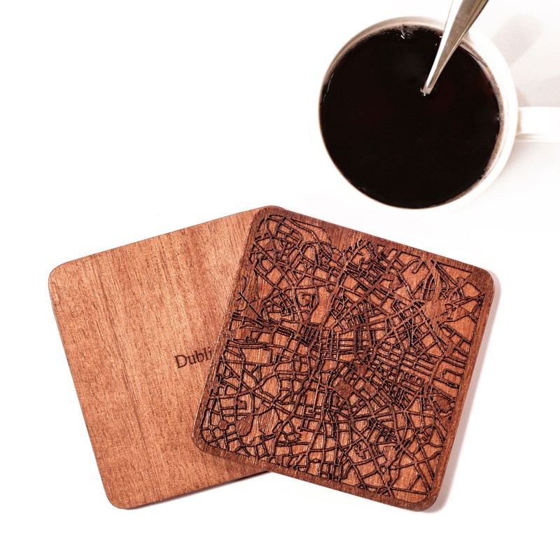 Dublin Map Coaster, Set of 4, Sapele Wooden Coaster with
