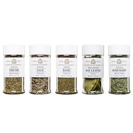 India Tree Kitchen Herb Essentials Gift Pack - 5 Jars of Mediterranean Thyme, Dalmatian Sage, California Basil, Turkish Bay Leaves, and Mediterranean Rosemary