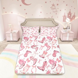 Manfei Cowgirl Fitted Sheet Twin Size,Western Cowboy Boots Pink Bowknots Bed Sheet with 1 Pillowcase,Dreamy Fairy Tale Princess Starry Pink White Soft Decorative Fabric Bedding,Room Gift