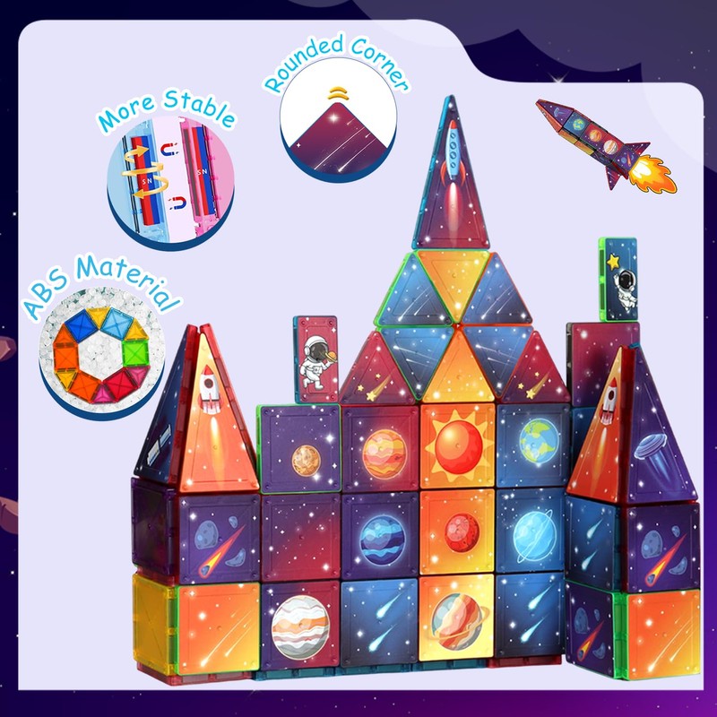 Space Rocket Magnetic Tiles Set, 58Pcs Magnatiles for Kids, Magnet