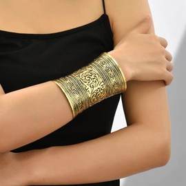 SONNYX 2 PCS Cuff Bracelets for Women Vintage Ethnic Wide Open Chunky Gold Silver Wrist Cuff Warp Bracelets for Cosplay or Belly Dance(WG)