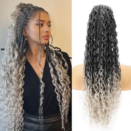 Originea Drawstring Ponytail for Women 24 inch Boho Braids with Long Wavy Hair Clip in Ponytail Extension Synthetic Hair Extensions Ponytail for Daily (#T1B/Silver)