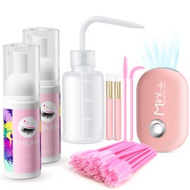 Buqikma Lash Cleaning Kit - 2PCS Lash Shampoo Eyelash Wash Kit with Fan Dryer Rinse Bottle for Eyelash Extensions Cleanser Mascara Remover Cleaning Brush for Lashes Extension Cleaner at Home Salon