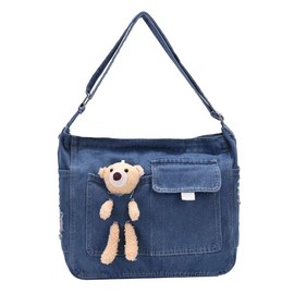 BEIBANG Shoulder Bag, Women's, Large Capacity, Canvas Bag, Denim Bag, Shoulder Bag, Lightweight, Plain, Zippered, Cute, Students, Stylish, Shoulder, Cross-body, Work, School, Travel, Shopping, Unisex (Free Size, Light Blue)
