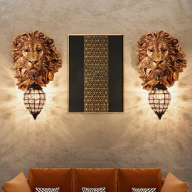 Aeyee Rustic Wall Sconce, Lion Head Wall Sconce Lighting with Crystal Beaded Shade, Resin Farmhouse Decorative Wall Light Gold Finish