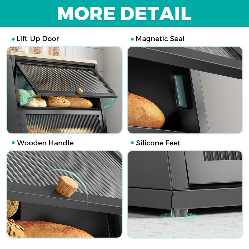 Urackify Bread Box for Kitchen Countertop – 2-Tier Bread Storage