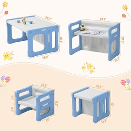 SINKIPA 3 in 1 Montessori Weaning Table and 2 Chairs Set, Kids Activity Table Set, 2 Height Levels, Toddlers Activity Table for Drawing, Dining, Reading and Playing, Blue