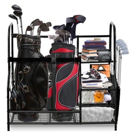 Morvat Golf Storage Bag Organizer, Fits Two Golf Bags, Metal Durable Rack Stand for Golfing Equipment, Golf Balls & Accessories, for Home, Garage, Basement, Shed (Style 2)