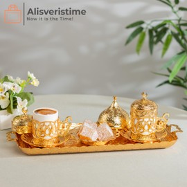 Alisveristime Ottoman Turkish Greek Arabic Espresso Coffee Cups with Saucer and Lid (Set of 2) (Hilal) (Gold)