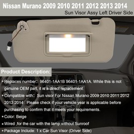 NHILES Left Driver Side Sun Visor Fits for Nissan Murano 2009 2010 2011 2012 2013 2014 Replacement Sun Shade # 96401-1AA1B (Beige)