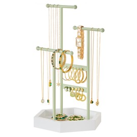 SONGMICS Jewelry Holder, Jewelry Organizer, 3 Tiers and 1 Tray, Jewelry Display Stand with Metal Frame, Necklace Earring Bracelet Holder, for Rings, Laurel Green and Cloud White UJJS003C01