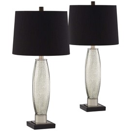 Regency Hill Landro Modern Luxury Table Lamps 27 1/2" Tall Set of 2 Mercury Glass Silver Black Fabric Tapered Drum Shade for Bedroom Living Room House Home Bedside Nightstand Office Family