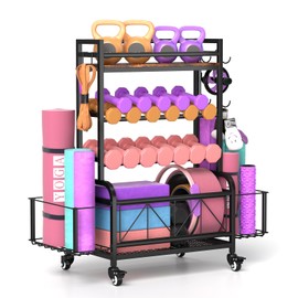 Baoz Dumbbell Rack - Adjustable Weight Rack for Dumbbells, Home Gym Storage Rack for Dumbbells Kettlebells Balls Yoga Mat Foam, All in One Workout Weight Stand Equipment Storage Organizer With Hooks and Wheels