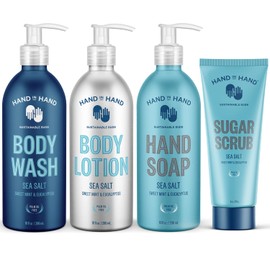 Hand in Hand Body Wash, Body Lotion, Liquid Hand Soap, and Sugar Scrub Combo Pack, Sweet Mint & Eucalyptus, Sea Salt Scent