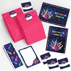 6 Invitation Cards for Children's Birthday Bowling for Girls Boys Adults Birthday Invitations Including 6 Envelopes, 6 Bags / Pink, 6 Stickers, 6 Bookmarks, 6 Mini Notepads