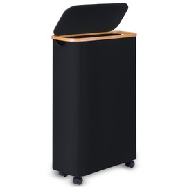 Merkisa Slim Laundry Basket with Wheels,Narrow Hampers for Laundry,Freestanding Laundry Hamper with Lid&Bamboo Handles,Collapsible & Waterproof Tall Cloth Hamper for Dorm Family(60L Black)