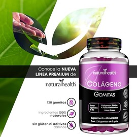 Natural Health. Gomitas de Colágeno, Biotina y Ácido Hialurónico. Sabor Fresa. 120 gomitas 3g. Ingredientes naturales.