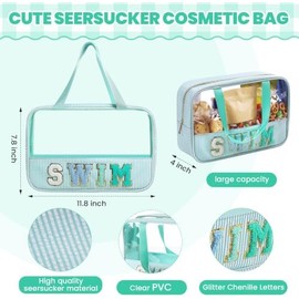 Cosmetic Bag Organizer Travel, Compact Lightweight Accessory for Travel and Daily Use - Sanwuta Seersucker Swim Chenille Letter
