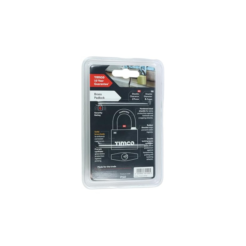 TIMCO P50 Brass Padlock-Ideal for luggage-cabinets-sheds-gates-50mm, 50mm