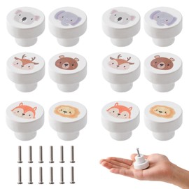 OESSUF Pack of 12 Wooden Cabinet Knobs for Children's Rooms, 35 mm Round Furniture Knobs with Screws, Wooden Handles for Cupboards, White Door Knobs for Children