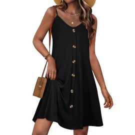 JOELLYUS Summer Dresses for Women Spaghetti Strap Button Down Casual Sundress Beach Cover Up Dress with Pockets, BKBT, L